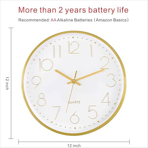 Foxtop 12" Gold Wall Clock Silent Battery Operated Modern Metal Clock - Image 2