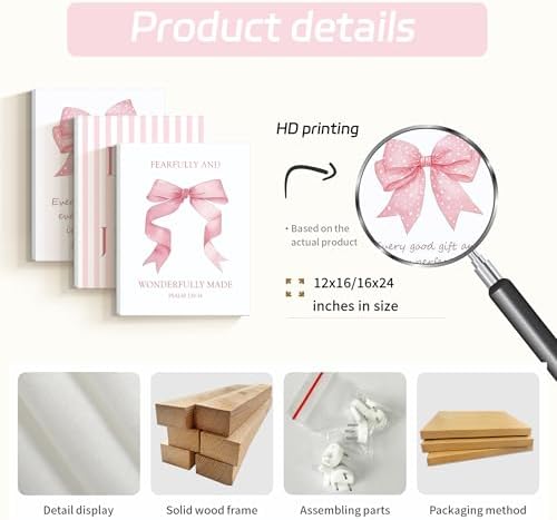 3 Piece Pink Bows Wall Art for Girls Room College Gifts for Girls 12x16 In - Image 7