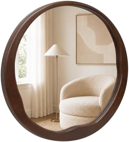 Dark Walnut 36 Inch Round Wood Wall Mirror, Asymmetrical Inner Edge by Pocetry