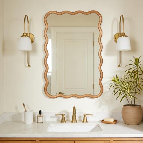 WallBeyond 24"x36" Wavy Wood Mirror, Natural Wood Boho Accent Wall Mirror by WallBeyond
