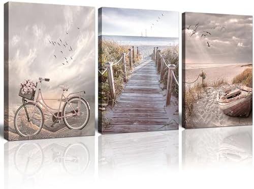 Beach Canvas Wall Art Neutral Coastal Canvas Pictures Vintage Bicycle Wooden by weiyiart