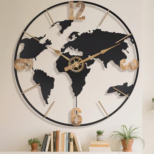 Pytha Sight 24 Inch Large World Map Vintage Gold Arabic Numerals Wall Clock by Pytha+Sight