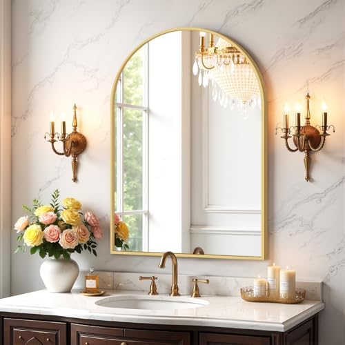 Bathroom Mirror for Wall, 30x20 Inch Arched Mirror, Matte Gold Metal Framed by Atilioo