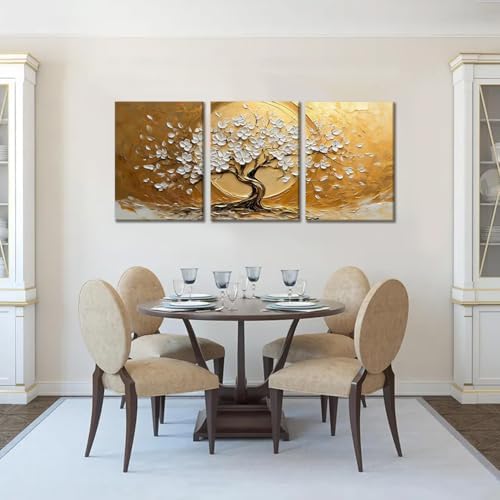 RZIGERNO 3 Pcs Tree of Life Canvas Wall Art Gold White Floral Poster Printing - Image 4