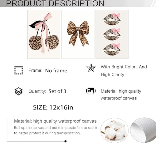 YZLYAD 3Pcs Trendy Leopard Print Wall Art, Fashion Bow Cherry Lips Y2k Poster - Image 2