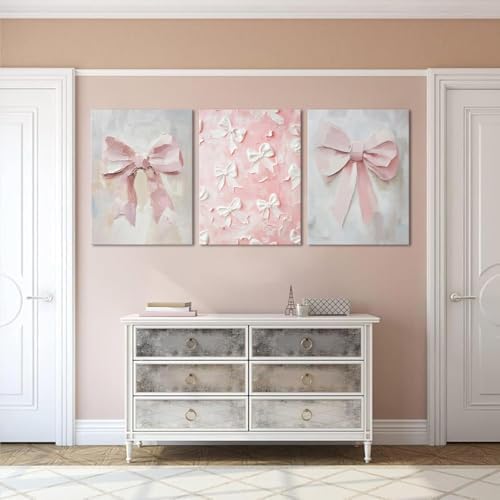 Pink Bow Canvas Wall Art Set of 3 Coquette Oil Painting Cute Bow Posters Wall - Image 7