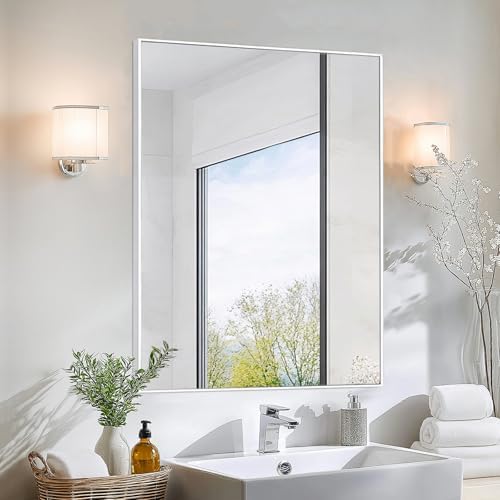 Sunniry White Bathroom Mirror, 18x24 inch White Wall Mirror, Metal Frame by Sunniry