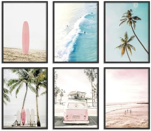 KYSNGMT Pink Coastal Wall Art Canvas Poster Prints Set of 6 by KYSNGMT