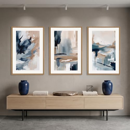 Aryroi Large Abstract Navy Blue Framed Canvas Wall Art Set, Modern Neutral - Image 3
