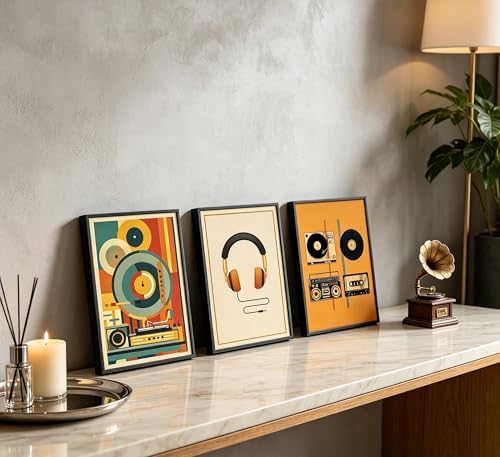 3Pcs Vintage Music Canvas Wall Art MidCentury Modern Vinyl Turntable Painting - Image 7