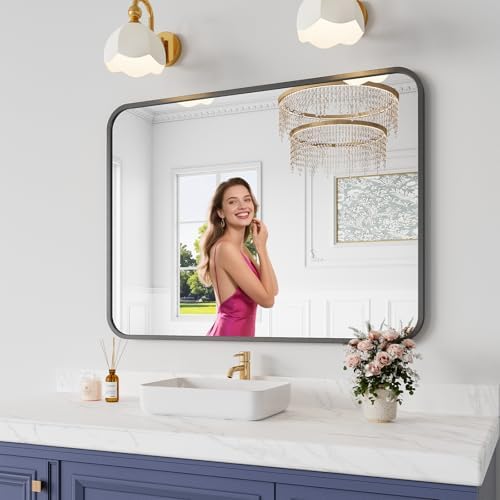 Koonmi Bathroom Mirror, 30X40 Inch Black Metal Framed Mirror by KOONMI