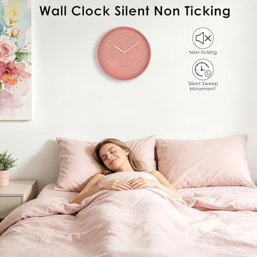 Lumuasky Pink Wall Clock Modern Battery Operated Analog Small Cute Silent - Image 2