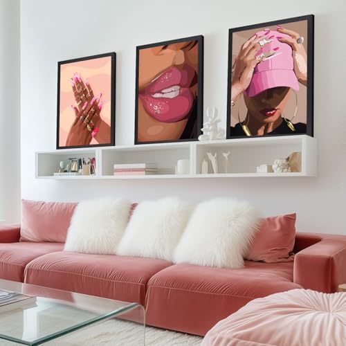 Hianan Wood Framed Fashion Pink Black Girl Wall Art Set of 3, 16x24 in - Image 4