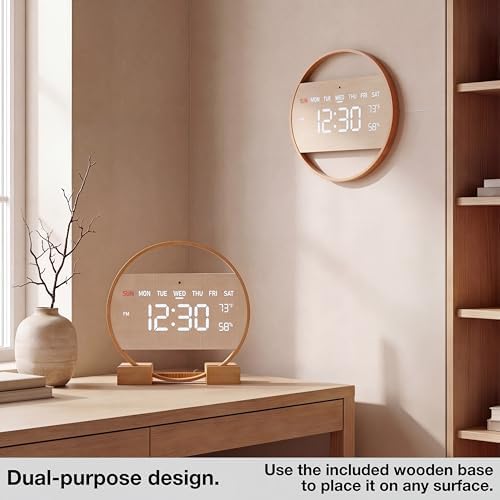 Driini Large Digital Wall Clock -Round Digital Bamboo Wooden Wall Clock - Image 2