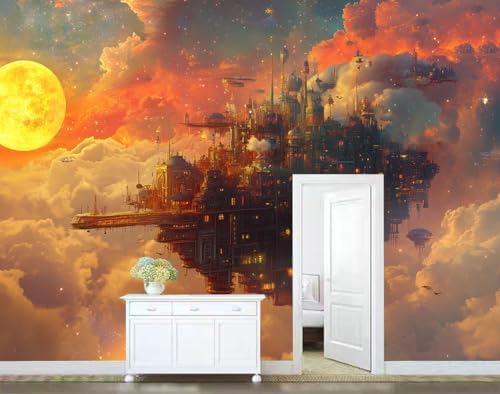 Warm Orange Gold Large Wall Mural Wallpaper Floating City in Clouds Steampunk - Image 4