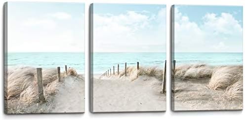 3 Piece Large Canvas Bedroom Wall Art Beach Blue Sea Blue Sky Print Picture by YJYart