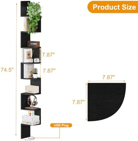 Qupui 8 Tier Corner Shelf with LED Light, 75 Inch Floating - Image 2