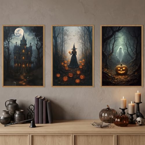 Ausril Halloween Moon Castle Framed Canvas Wall Art Set, Scary Dark Forest - Image 2