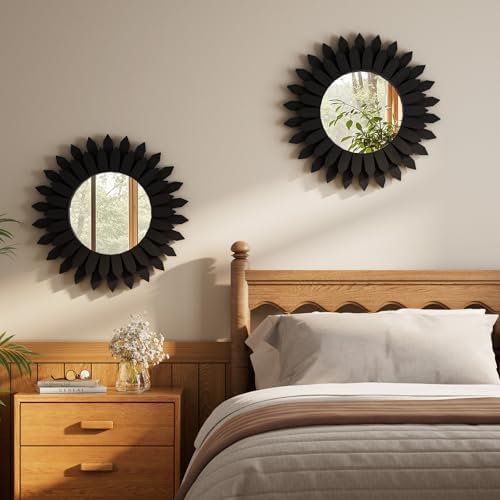20" Black Round Sunburst Wooden Mirror Boho Rustic Wall Decor - Image 5