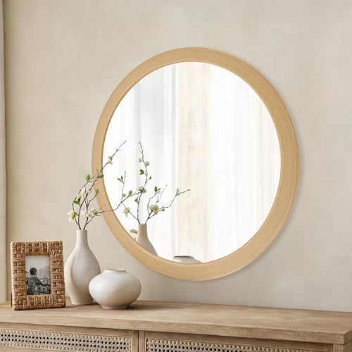 Round Mirrors 24 Inch, Vanity Wall Rustic Natural Circle Tempered Mirror - Image 3