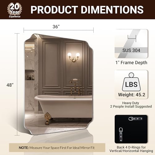 ANDY STAR 36x48 Inch Chrome Mirror, Large Polished Nickel Rectangle Mirror - Image 2