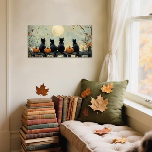 SWQYLB Autumn Pictures Wall Art Black Cat Fall Decor Halloween Animal Canvas - Image 4
