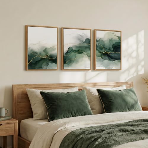 Framed Abstract Minimalist Watercolor Green Gold Wall Art Bedroom, 12x16 In - Image 2