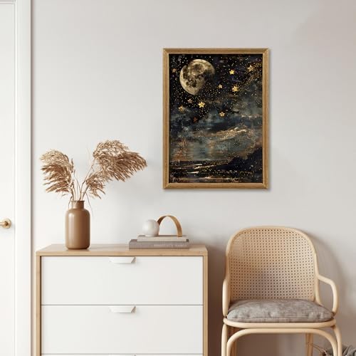 ICHZUMW Framed Moon and Stars Celestial Vintage Canvas Wall Art 12x16 In - Image 4