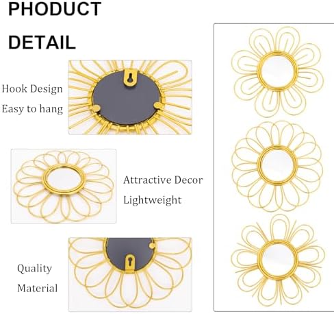 Gold Mirrors 3 Piece, 9 inch Flower-Indoor Shaped Mirror Hanging Wall Decor - Image 2