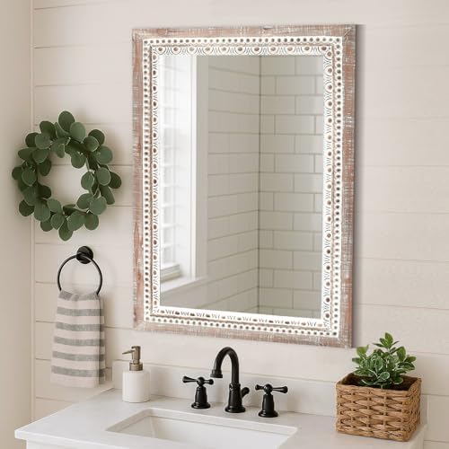 24'' Rectangular Wall Mounted Mirror, Wood Decorative Mirrors, Boho Mirrors - Image 4