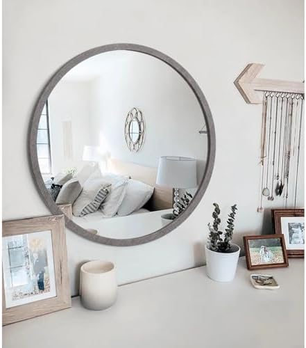 JJUUYOU Round Mirror Wall Mounted Circle Mirror Yellow Round Vintage Wood Frame - Image 6