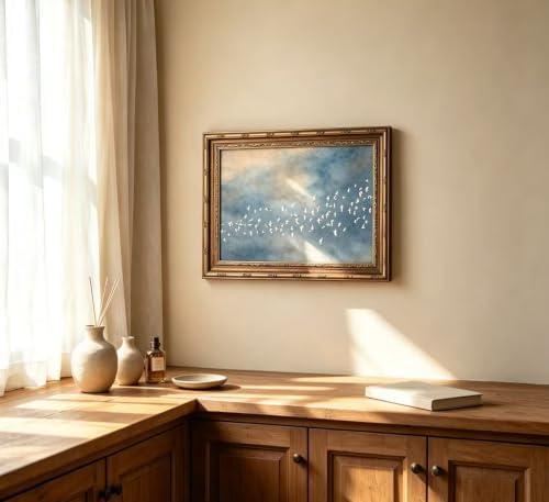 Vintage Gold Framed Flock of Birds in Flight Wall Art, Abstract Teal and Blush - Image 5