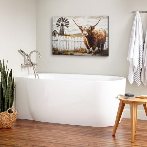Country Farm Autumn Landscape Canvas Wall Art Vintage Longhorn Cow Pictures - Image 5