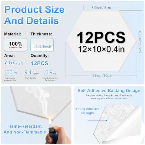 12 Pack Hexagon Acoustic Panels, Self-Adhesive Sound Deadening Panels, Sound - Image 2
