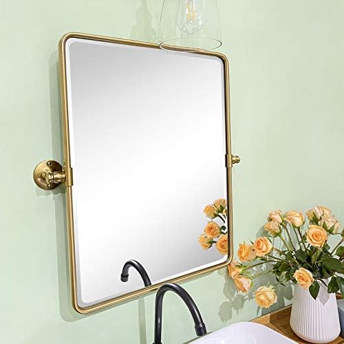 Farmhouse Gold Metal Framed Pivot Rectangle Bathroom Mirror Rounded Rectangluar - Image 3