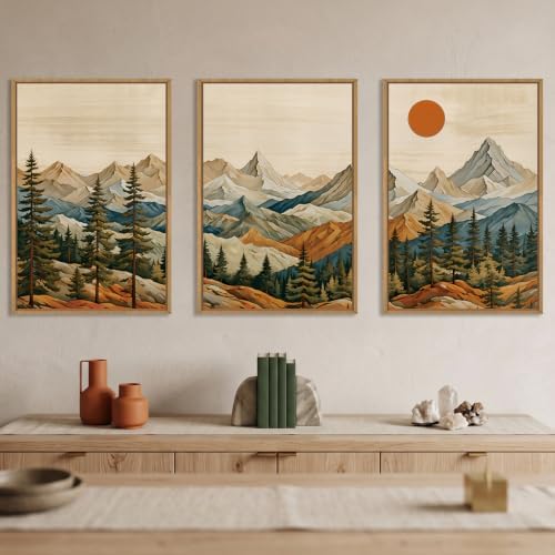 Boho Mountain Framed Canvas Wall Art Set, Woodcut Pine Tree Wall Decor - Image 2