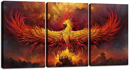 Yetaryy Fantasy Wall Art Canvas Prints Golden Red Burning Phoenix Volcanic by Yetaryy