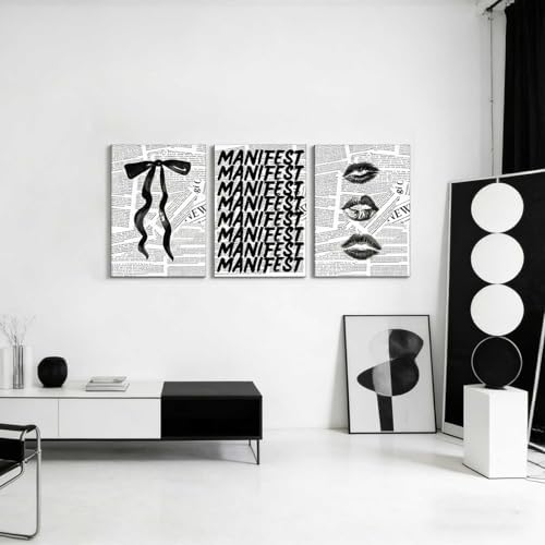 3Pcs Trendy Black and White Preppy Canvas Wall Art Retro Kiss Lips Bow and - Image 3