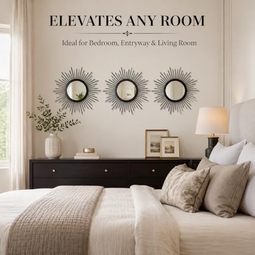 Black Sunburst Mirror Set of 3, Starburst Accent Mirror Wall Decor - Image 3