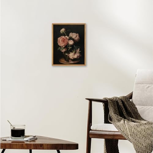 Vintage Framed Dark Pink Peony Wall Art, Retro Moody Floral Canvas Painting - Image 6