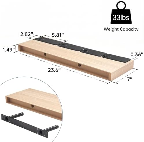 Oak Wood Floating Shelves, 24 Inch Long Wooden Wall Shelf Set of 3 - Image 3