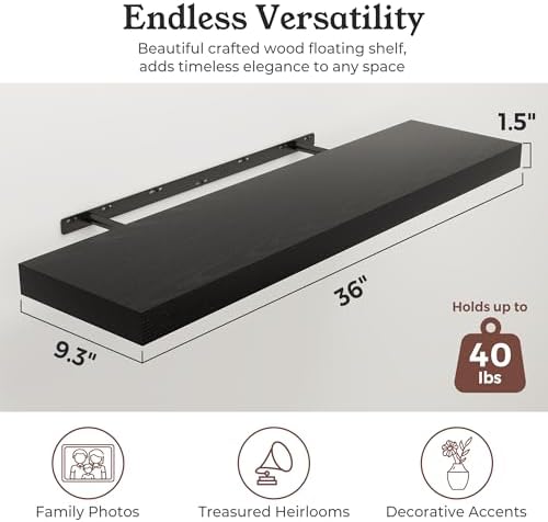 36" Black Floating Shelves Wood Wall Shelf - Image 2