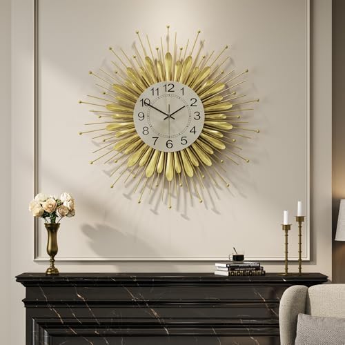 Cuspin 24 Inch Gold Wall Clock Mid Century Sunburst Metal Decorative Clock - Image 3