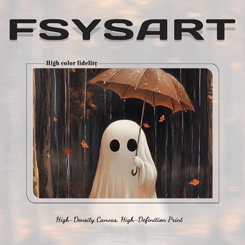 Framed Vintage Halloween Ghost Canvas Wall Art, Cute Ghost Holding Umbrella - Image 3