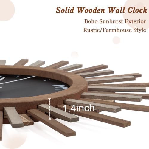 Honiway 24 Inch Large Wall Clock, Battery Operated, Rustic Wood Boho Sunburst - Image 6