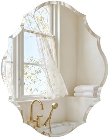22" x 28" Frameless Scalloped Wall Mirror, Beveled Edge Bathroom Vanity Mirror by FurniXpress