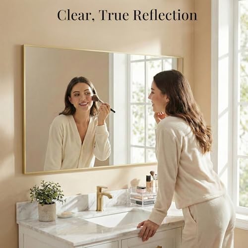 60"x30" Satin Gold Wide Bathroom Wall Mirror - Image 5