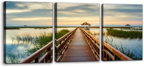 Pacimo Wooden Bridge Wall Art Posters Lotus Lake on Sunset Pictures National by Pacimo