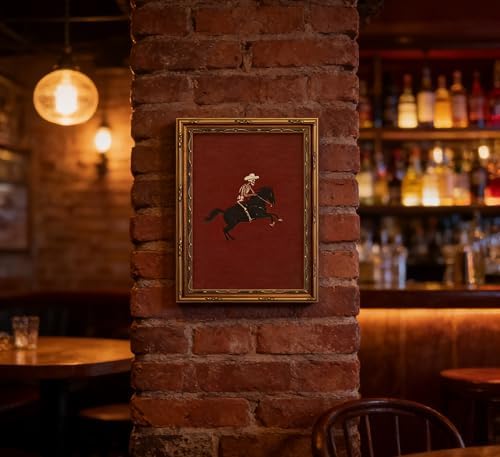 Vintage Gold Framed Canvas Wall Art Skeleton Cowboy Riding Bronco Painting - Image 4