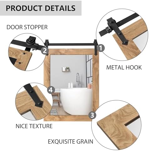 Farmhouse Bathroom Mirror 26”x40” Rustic Wood Framed Wall Mirror Barn Door - Image 4